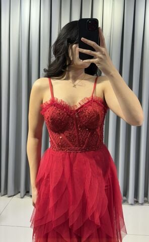 İnce Askılı Mendil fırfırlı Tül detaylı korseli üzerinde mink boncuk taş işlemeli uzun maksi boy  Mercan ABİYE 42