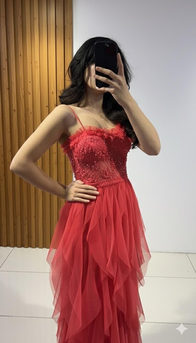 İnce Askılı Mendil fırfırlı Tül detaylı korseli üzerinde mink boncuk taş işlemeli uzun maksi boy  Mercan ABİYE 42