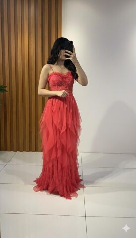 İnce Askılı Mendil fırfırlı Tül detaylı korseli üzerinde mink boncuk taş işlemeli uzun maksi boy  Mercan ABİYE 42