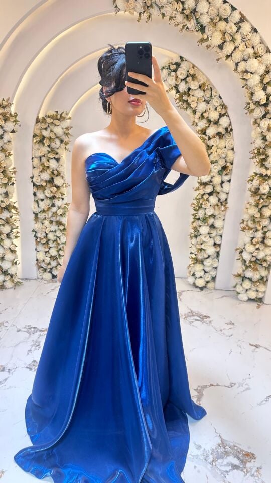 SAKS MAVİ  TEK KOL SATEN A-KESİM ABİYE 36
