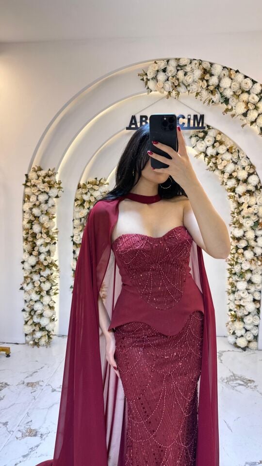 STRAPLEZ PELERİNLİ BALIK ABİYE BORDO 38