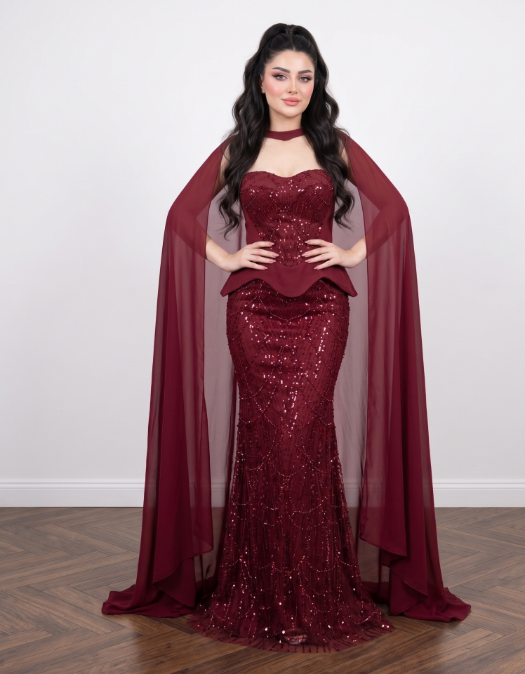 STRAPLEZ PELERİNLİ BALIK ABİYE BORDO 38