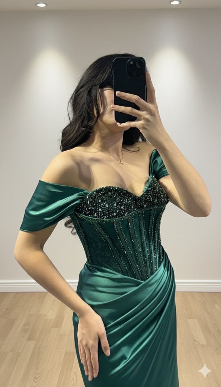 Saten Kolları düşük özel tasarım yırtmaçlı göğüs taş işlemeli    YEŞİL  ABİYE 36 - YEŞİL