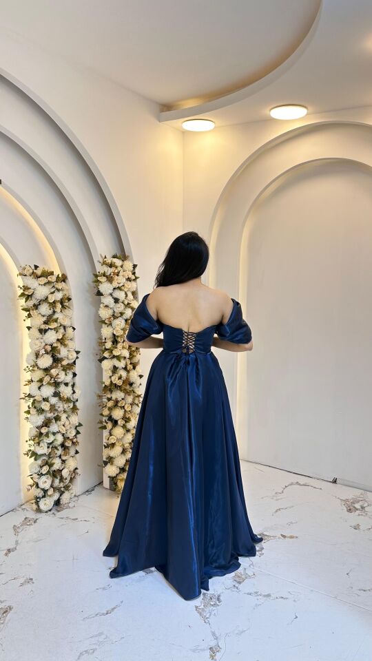 LACİVERT PRENSES KOL DETAYLI ABİYE