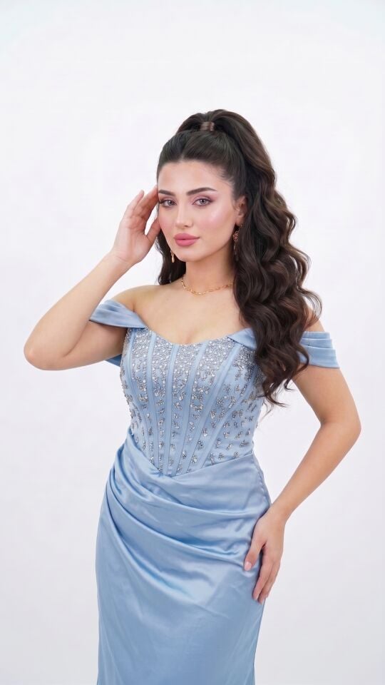 BEBE MAVİ DÜŞÜK KOL STRAPLEZ KORSE GÖRÜNÜMLÜ TAŞLI ABİYE 38