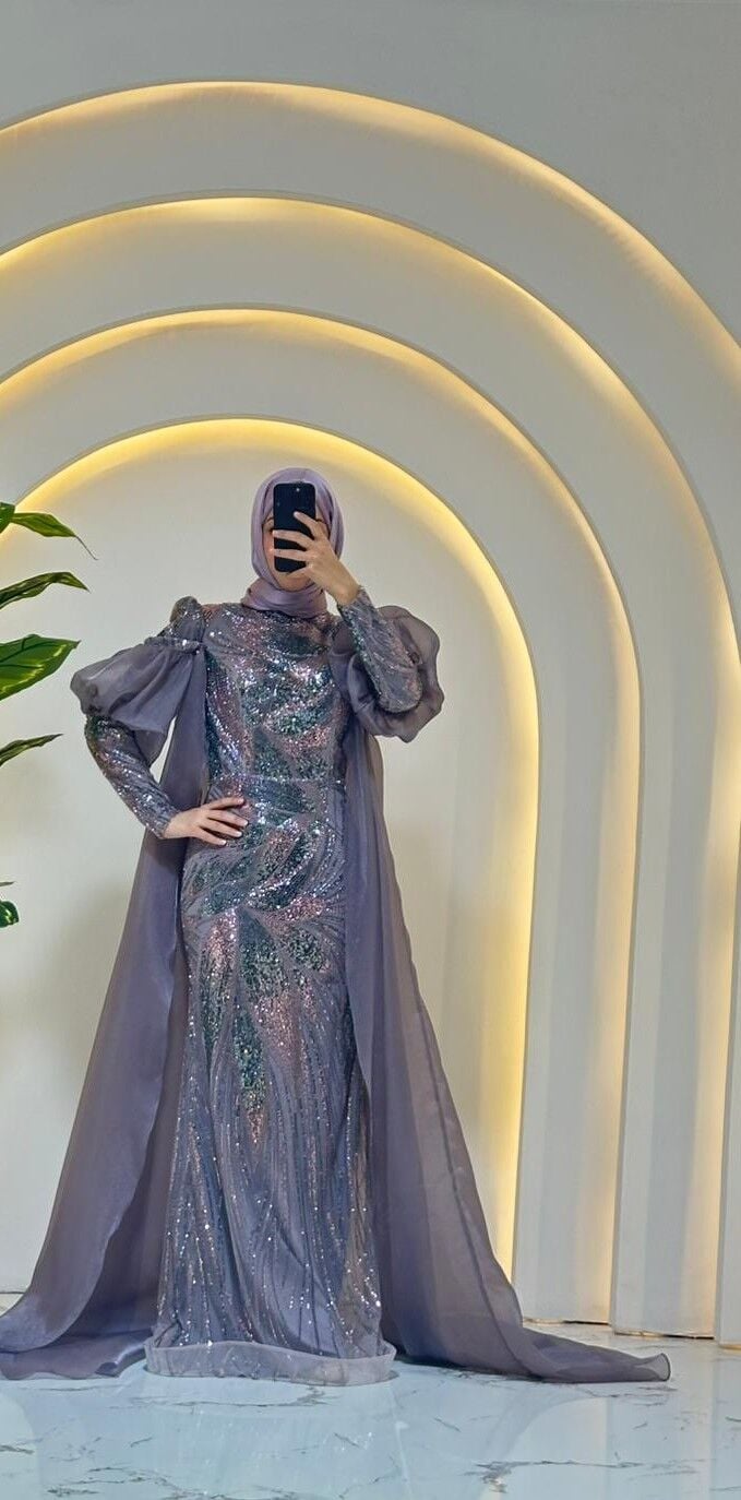 TÜL ŞİFON PELERİN  SİLUETİ LİLA TESETTÜR ABİYE 46