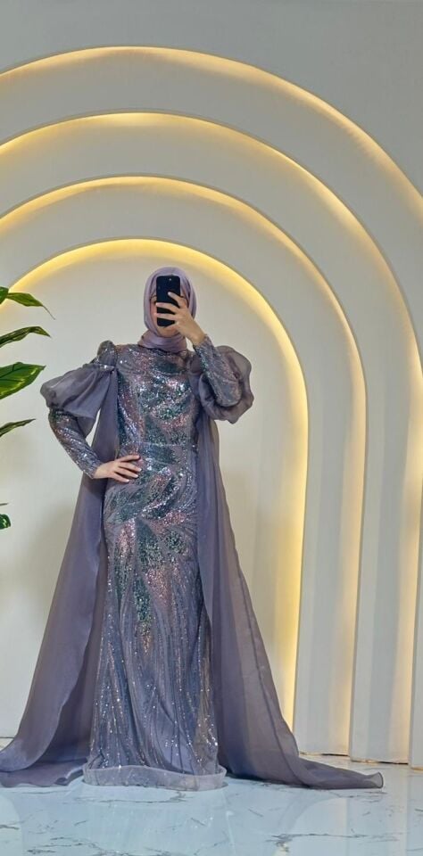 TÜL ŞİFON PELERİN  SİLUETİ LİLA TESETTÜR ABİYE  46