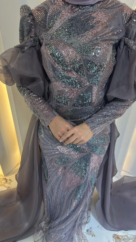 TÜL ŞİFON PELERİN  SİLUETİ LİLA TESETTÜR ABİYE  46