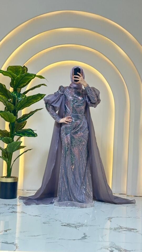 TÜL ŞİFON PELERİN  SİLUETİ LİLA TESETTÜR ABİYE 46