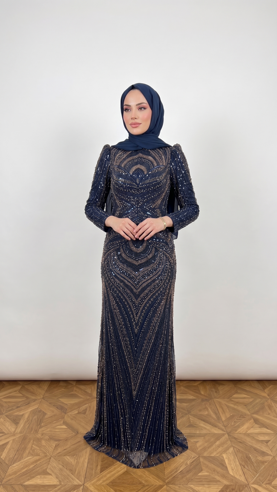 LACİVERT TAŞ İŞLEMELİ BALIK TESETTÜR ABİYE