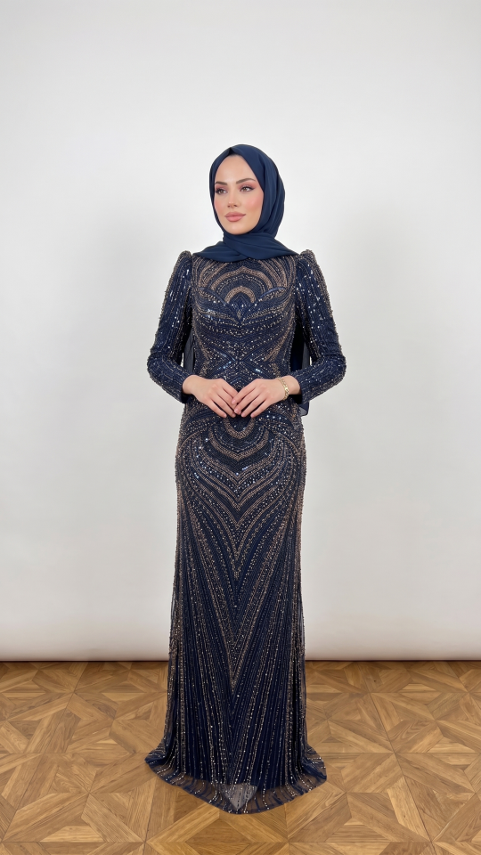 LACİVERT TAŞ İŞLEMELİ BALIK TESETTÜR ABİYE