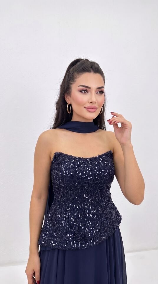 LACİVERT STRAPLEZ PUL PAYET ŞİFON FULARLI ABİYE 42