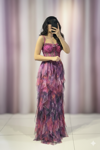 İnce Askılı Mendil fırfırlı Tül detaylı korseli üzerinde mink boncuk taş işlemeli uzun maksi boy ABİYE (5340) 42