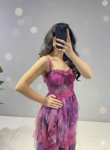 İnce Askılı Mendil fırfırlı Tül detaylı korseli üzerinde mink boncuk taş işlemeli uzun maksi boy ABİYE (5340) 42