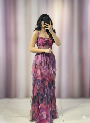 İnce Askılı Mendil fırfırlı Tül detaylı korseli üzerinde mink boncuk taş işlemeli uzun maksi boy ABİYE (5340) 42