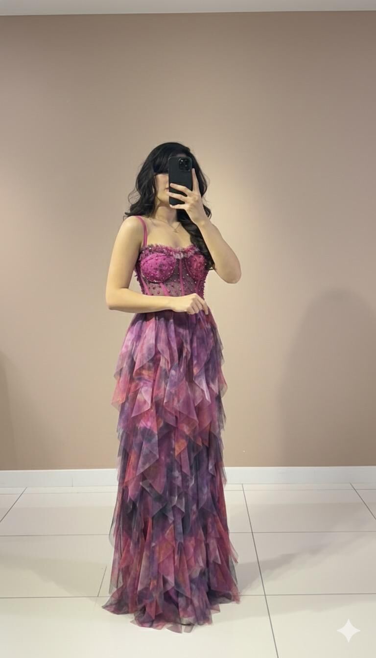 İnce Askılı Mendil fırfırlı Tül detaylı korseli üzerinde mink boncuk taş işlemeli uzun maksi boy ABİYE (5340) 42