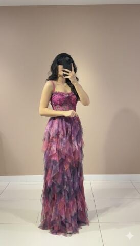 İnce Askılı Mendil fırfırlı Tül detaylı korseli üzerinde mink boncuk taş işlemeli uzun maksi boy ABİYE (5340) 42