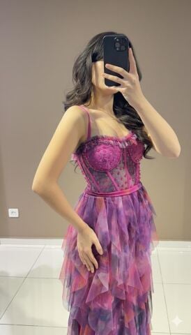 İnce Askılı Mendil fırfırlı Tül detaylı korseli üzerinde mink boncuk taş işlemeli uzun maksi boy ABİYE (5340) 42