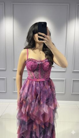 İnce Askılı Mendil fırfırlı Tül detaylı korseli üzerinde mink boncuk taş işlemeli uzun maksi boy ABİYE (5340) 42