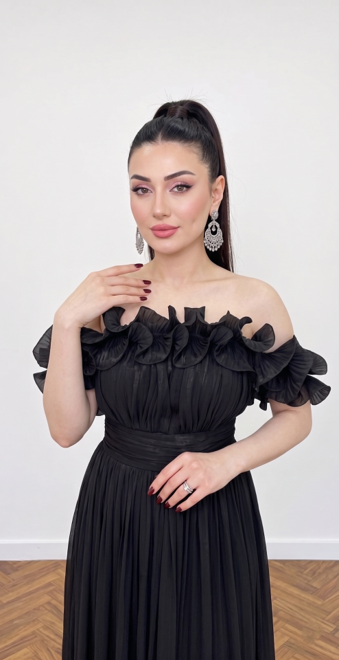 SİYAH STRAPLEZ FIRFIRLI ŞİFON ABİYE 38