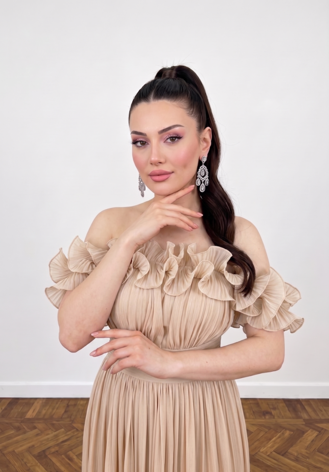 BEJ STRAPLEZ FIRFIRLI ŞİFON ABİYE 40