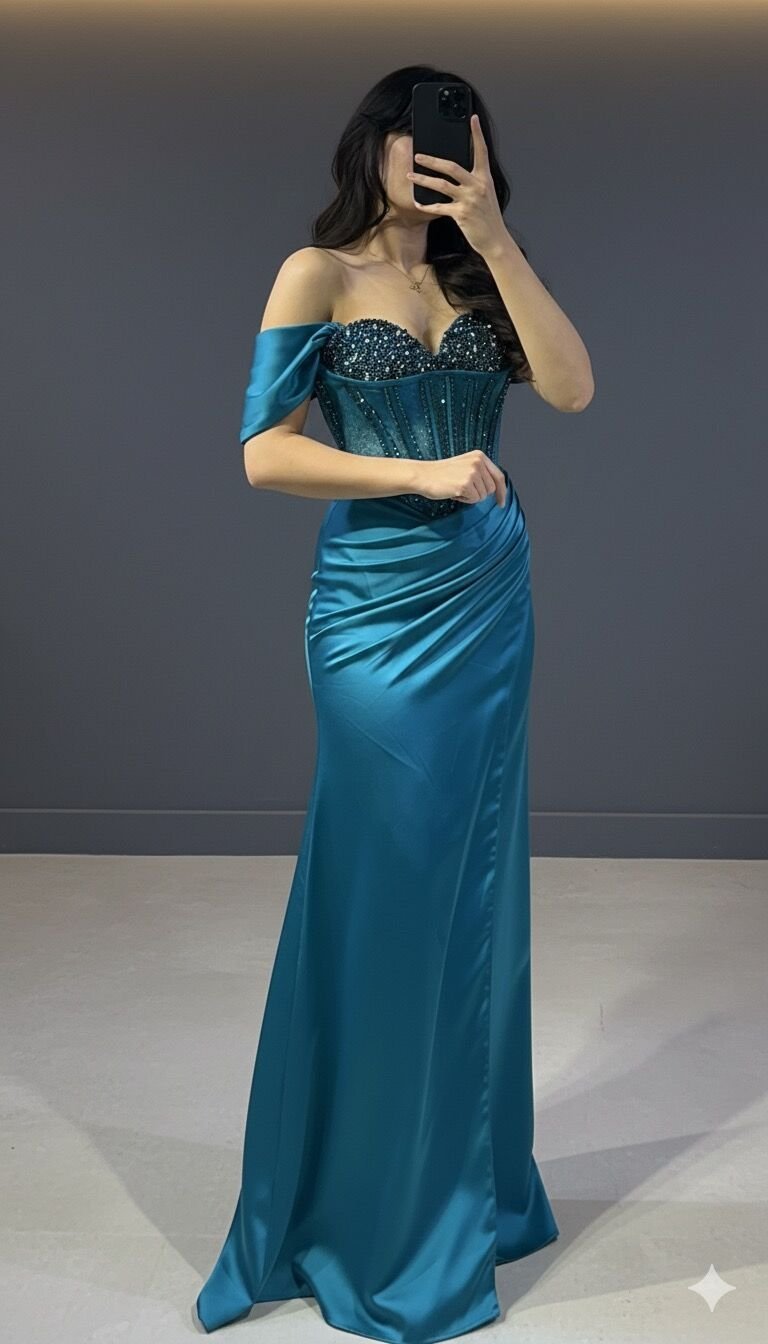 Saten Kolları düşük özel tasarım yırtmaçlı göğüs taş işlemeli  Petrol  ABİYE 44