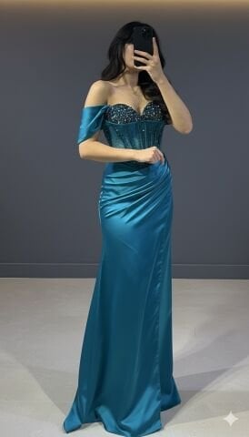 Saten Kolları düşük özel tasarım yırtmaçlı göğüs taş işlemeli  Petrol  ABİYE 44