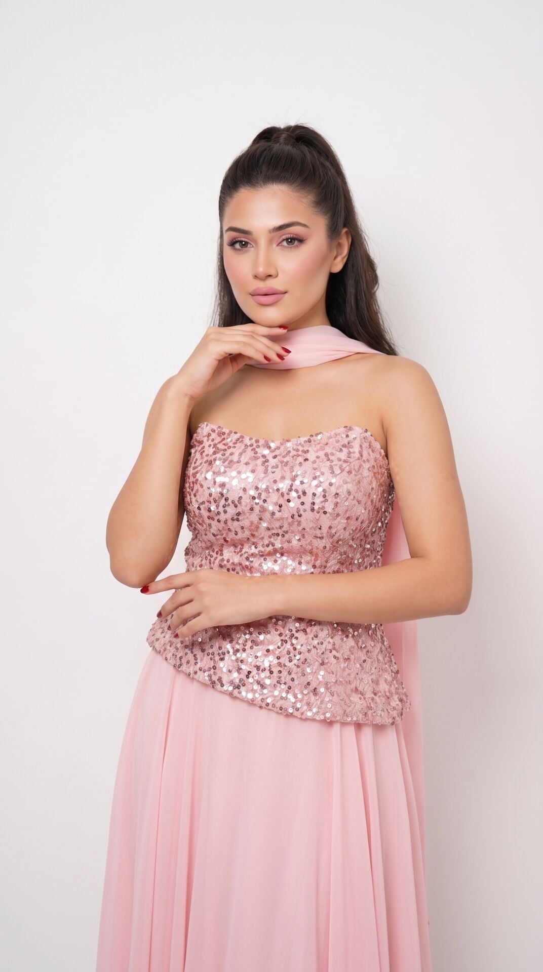 PEMBE STRAPLEZ PUL PAYET ŞİFON FULARLI ABİYE 38