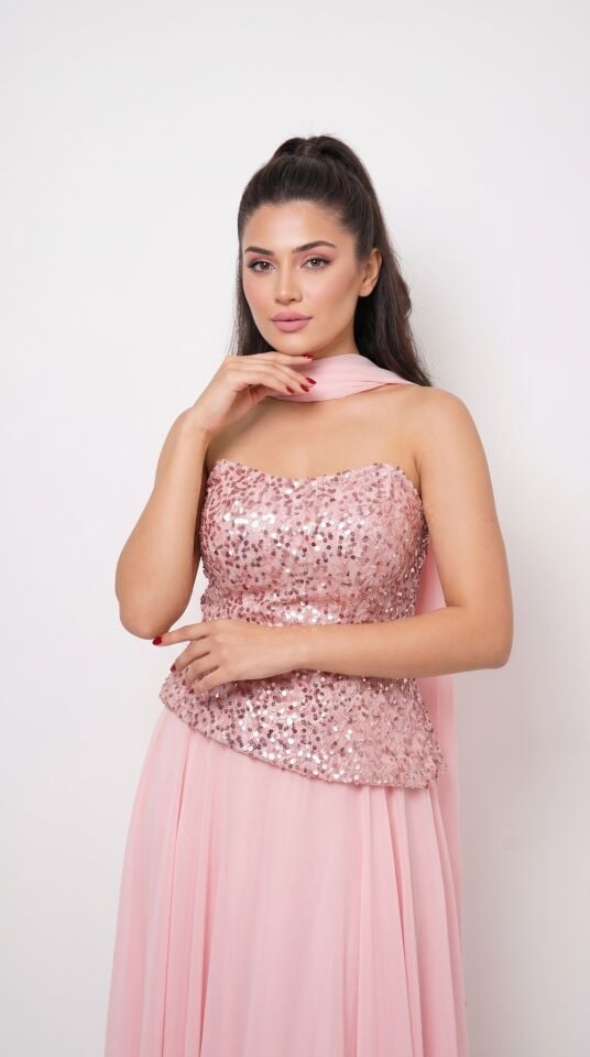 PEMBE STRAPLEZ PUL PAYET ŞİFON FULARLI ABİYE 38
