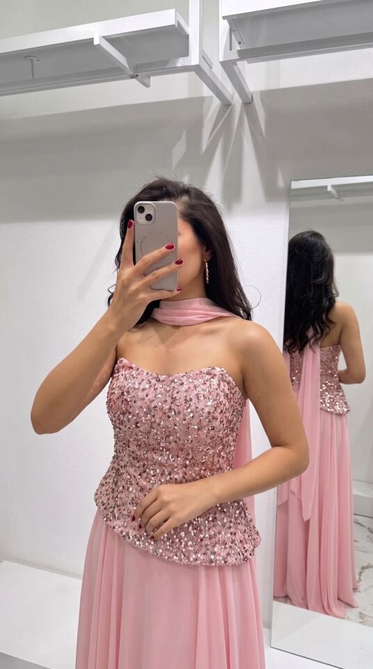 PEMBE STRAPLEZ PUL PAYET ŞİFON FULARLI ABİYE 38