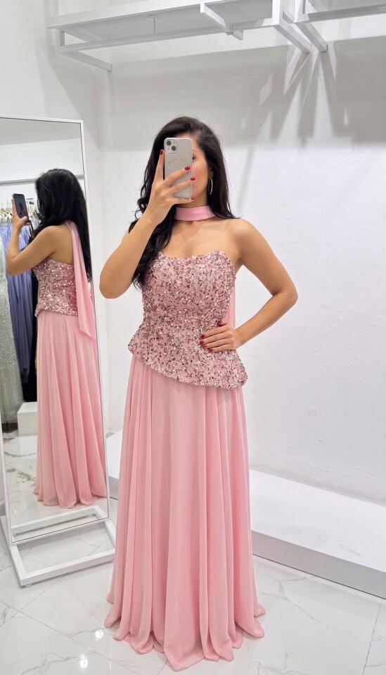 PEMBE STRAPLEZ PUL PAYET ŞİFON FULARLI ABİYE 38