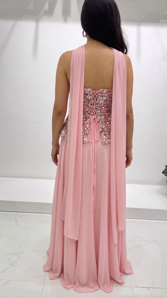 PEMBE STRAPLEZ PUL PAYET ŞİFON FULARLI ABİYE 38