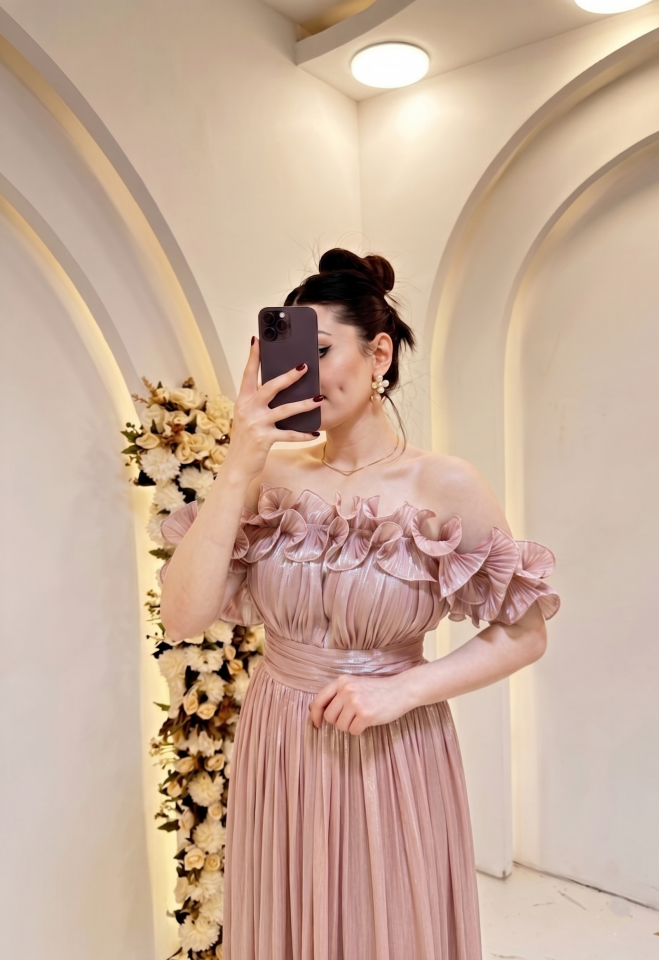 TOZ PEMBE  STRAPLEZ FIRFIRLI ŞİFON ABİYE 44