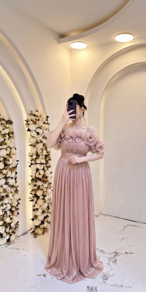 TOZ PEMBE  STRAPLEZ FIRFIRLI ŞİFON ABİYE