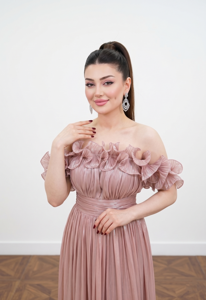 TOZ PEMBE  STRAPLEZ FIRFIRLI ŞİFON ABİYE 44
