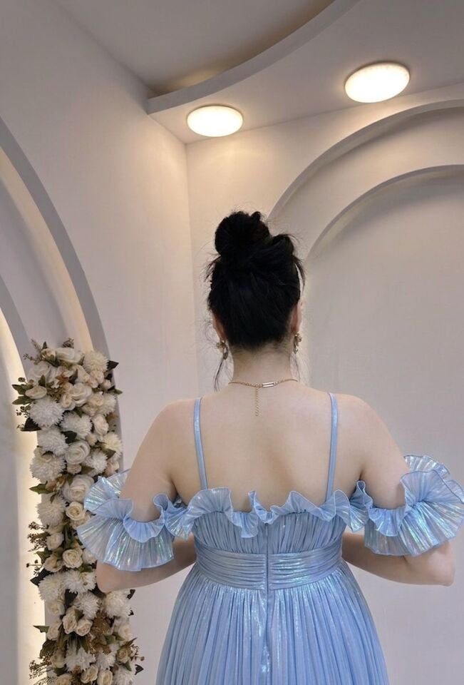 BEBE MAVİ  STRAPLEZ FIRFIRLI ŞİFON ABİYE 44