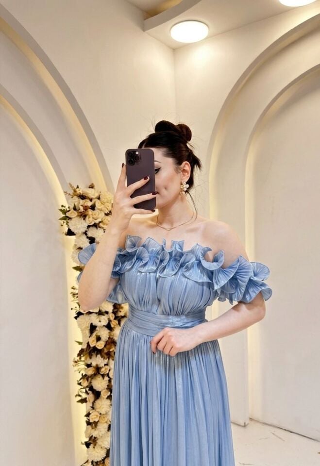 BEBE MAVİ  STRAPLEZ FIRFIRLI ŞİFON ABİYE 44