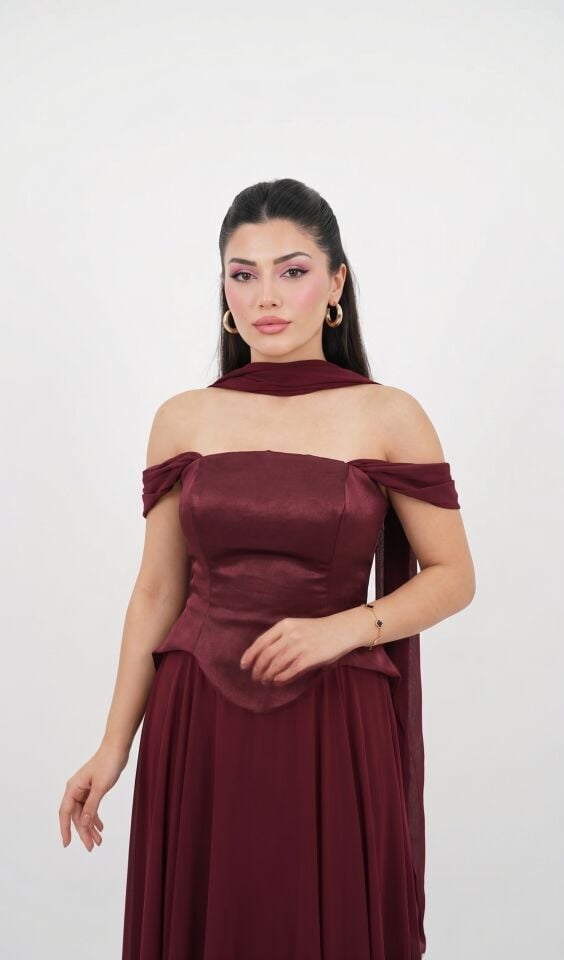 BORDO FULARLI DÜŞÜK KOL ÜST SATEN ALT ŞİFON ABİYE 38