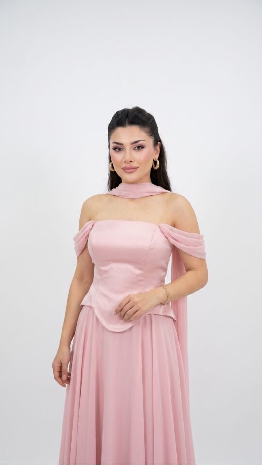 PEMBE FULARLI DÜŞÜK KOL ÜST SATEN ALT ŞİFON ABİYE 38