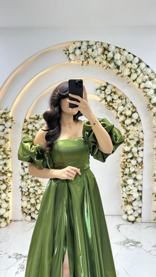 KABARIK BALON KOL SATEN A KESİM FISTIK YEŞİLİ ABİYE 42