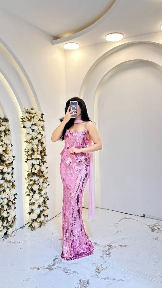 PEMBE DENİZ KIZI STRAPLEZ FULARLI BALIK ABİYE 42