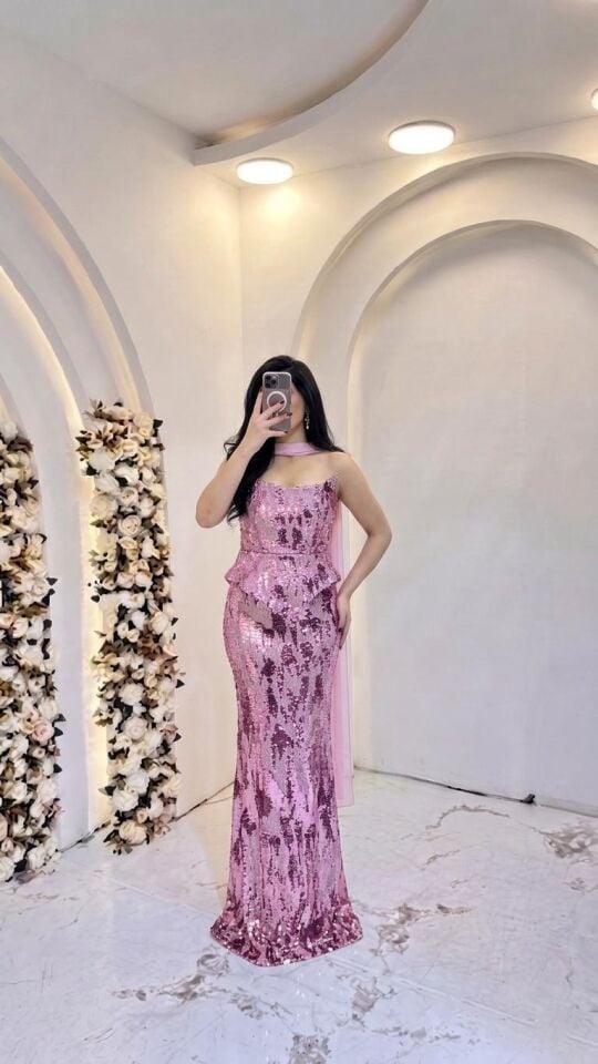 PEMBE DENİZ KIZI STRAPLEZ FULARLI BALIK ABİYE 38