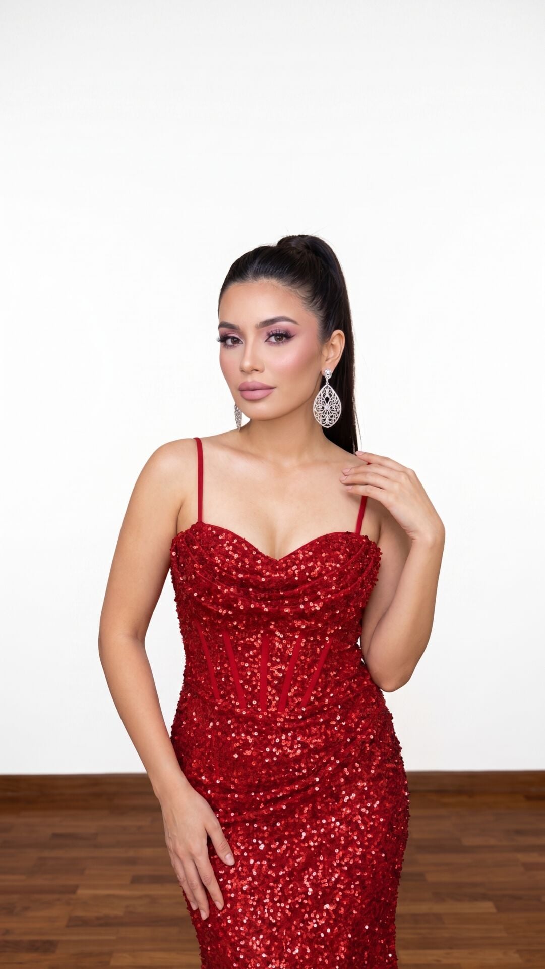 MAYA KIRMIZI PUL PAYET KORSELİ ABİYE