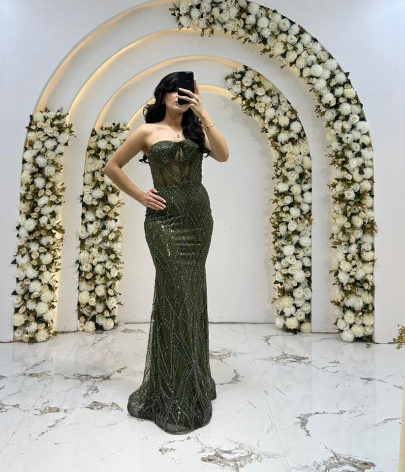 STRAPLEZ BOYDAN BOCUK İŞLEME YEŞİL ABİYE  36