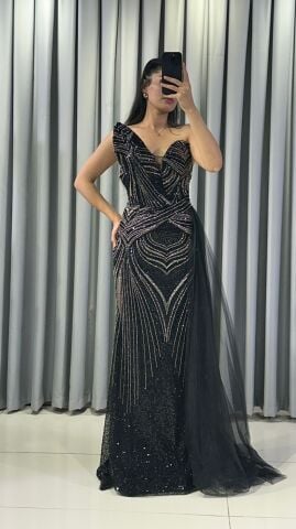 Full taş işlemeli straplez v yaka balık basen kısmı uzun tül detaylı  Siyah  Abiye 38 - Siyah