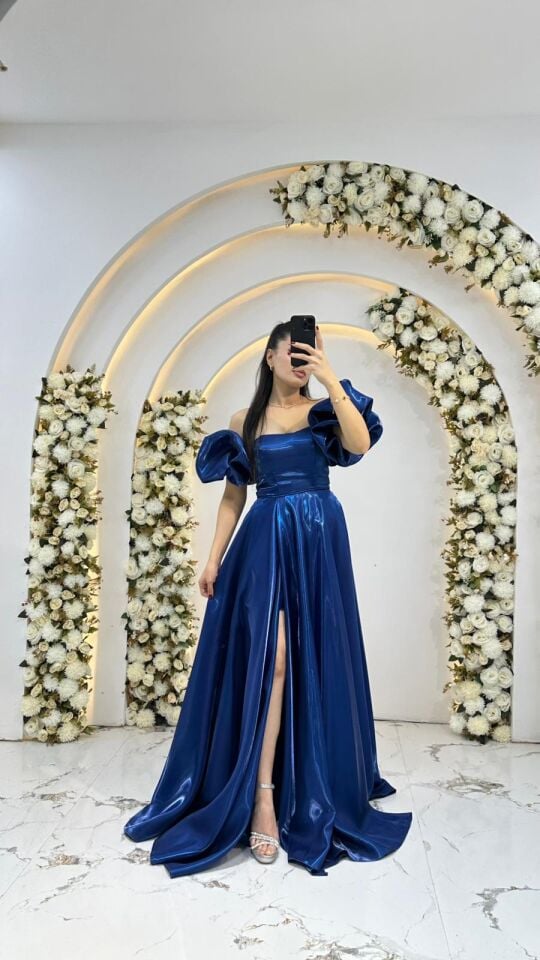 KABARIK BALON KOL SATEN A KESİM GECE MAVİSİ ABİYE 36