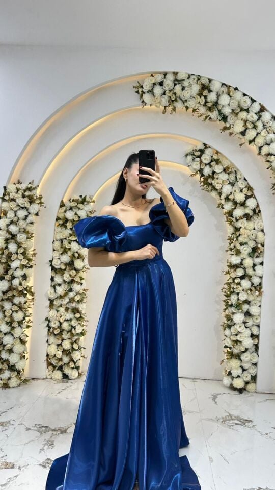 KABARIK BALON KOL SATEN A KESİM GECE MAVİSİ ABİYE 36