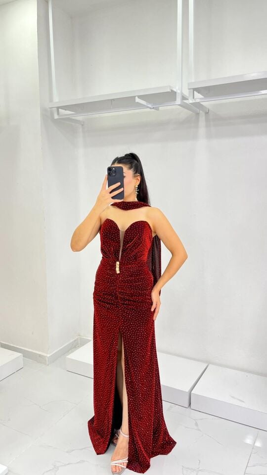 BORDO STRAPLEZ FULARLI PENYE TAŞLI BALIK ABİYE 44