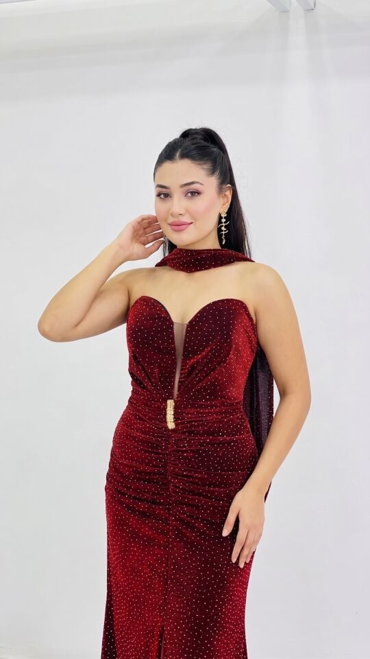 BORDO STRAPLEZ FULARLI PENYE TAŞLI BALIK ABİYE 44