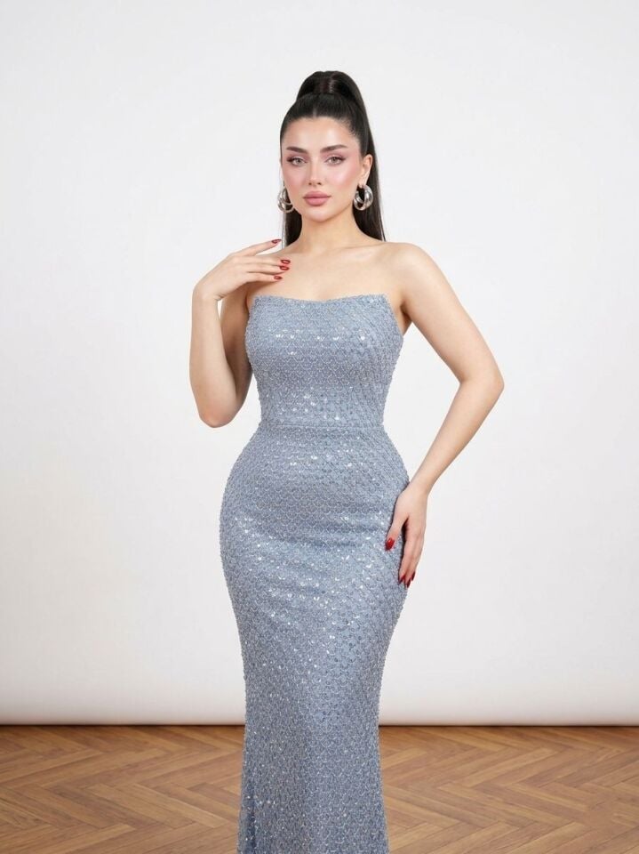 BEBE MAVİ STRAPLEZ  BONCUK İŞLEMELİ MİDİ ABİYE 42
